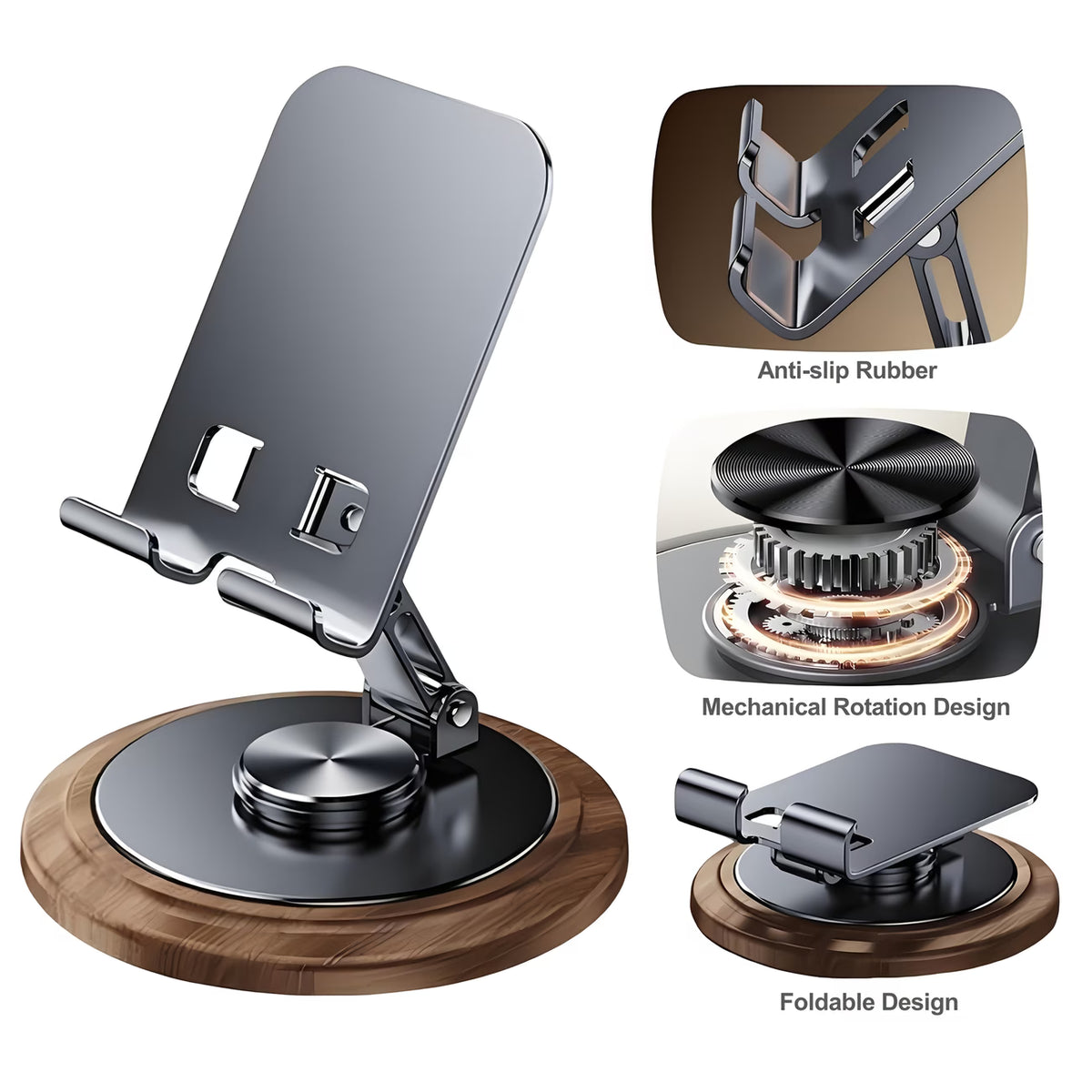 360° Rotating Metal Phone Stand with Wooden Finish Base
