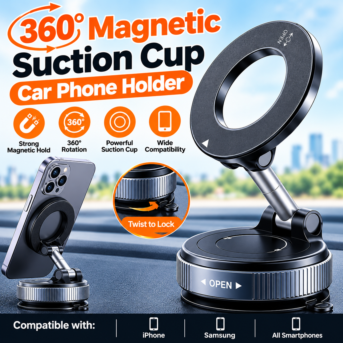 360° Magnetic Suction Cup Car Phone Holder